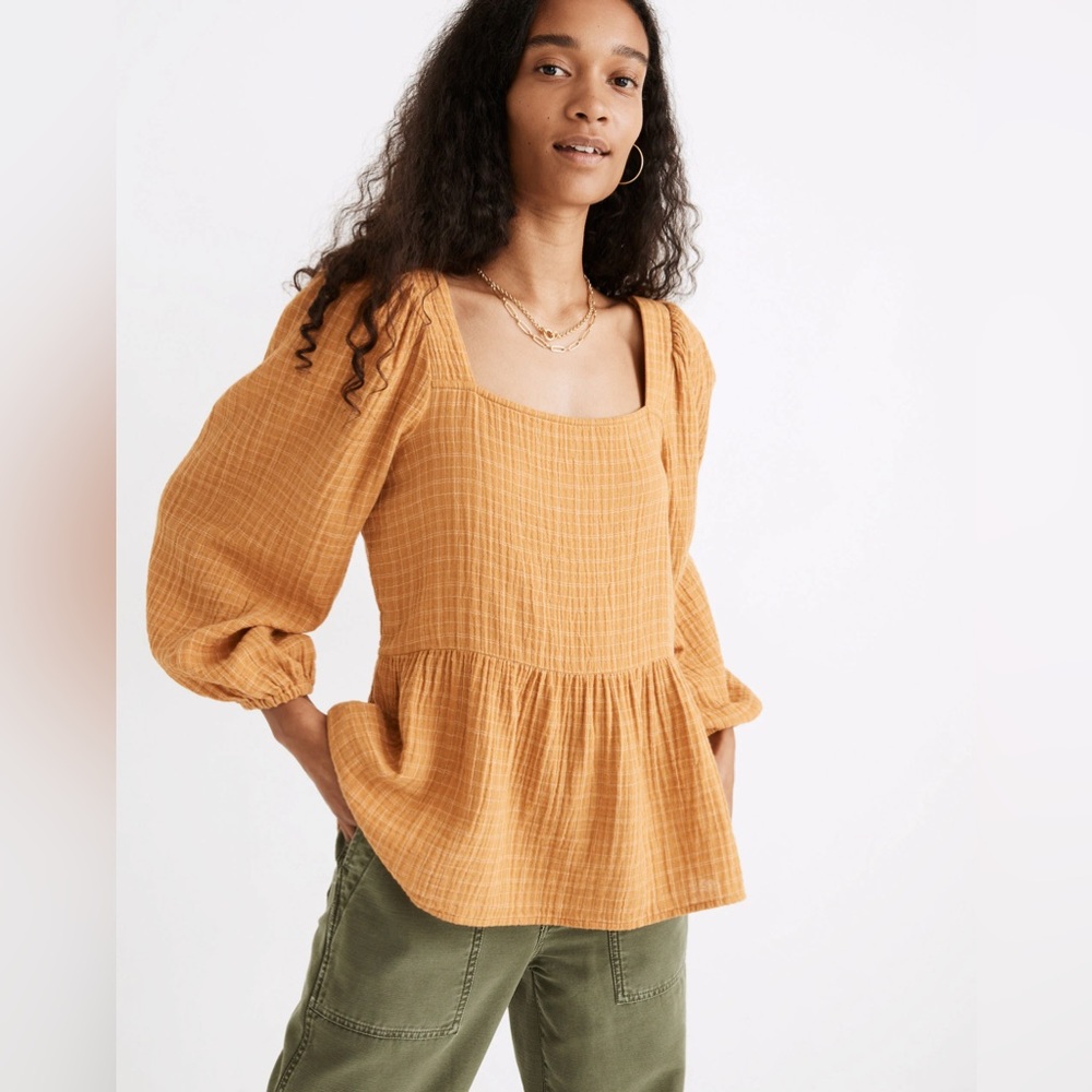 Madewell Lightspun Millbrook Puff-Sleeve Peplum Top in Windowpane
